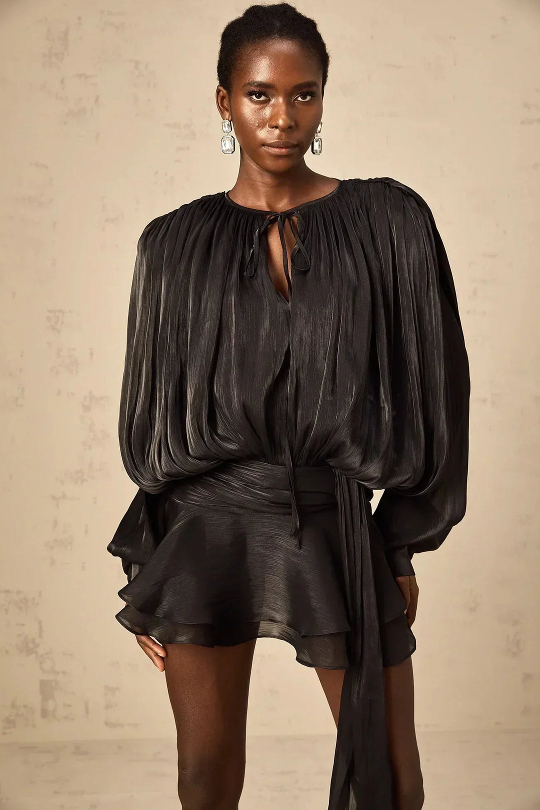 Fluid Mini Dress with Long Sleeves and Tie Belt for Women