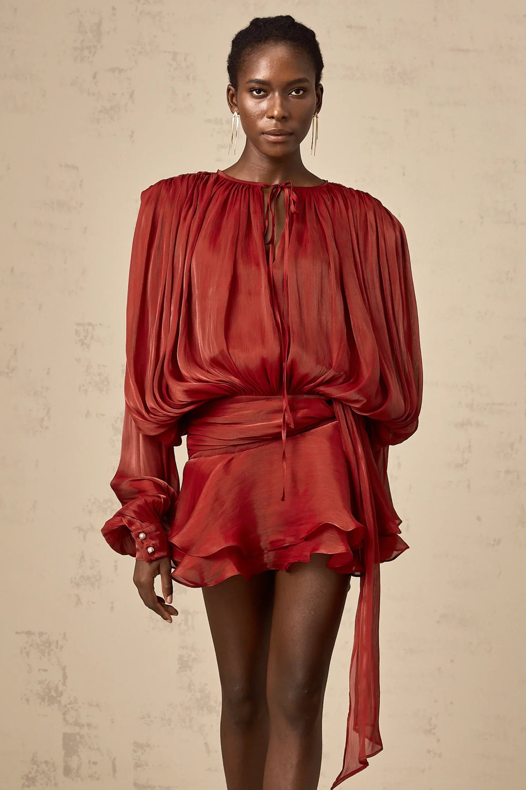 Fluid Mini Dress with Long Sleeves and Tie Belt for Women