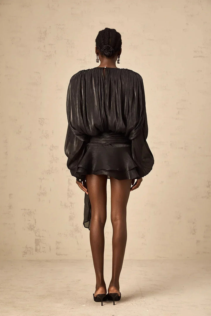 Fluid Mini Dress with Long Sleeves and Tie Belt for Women