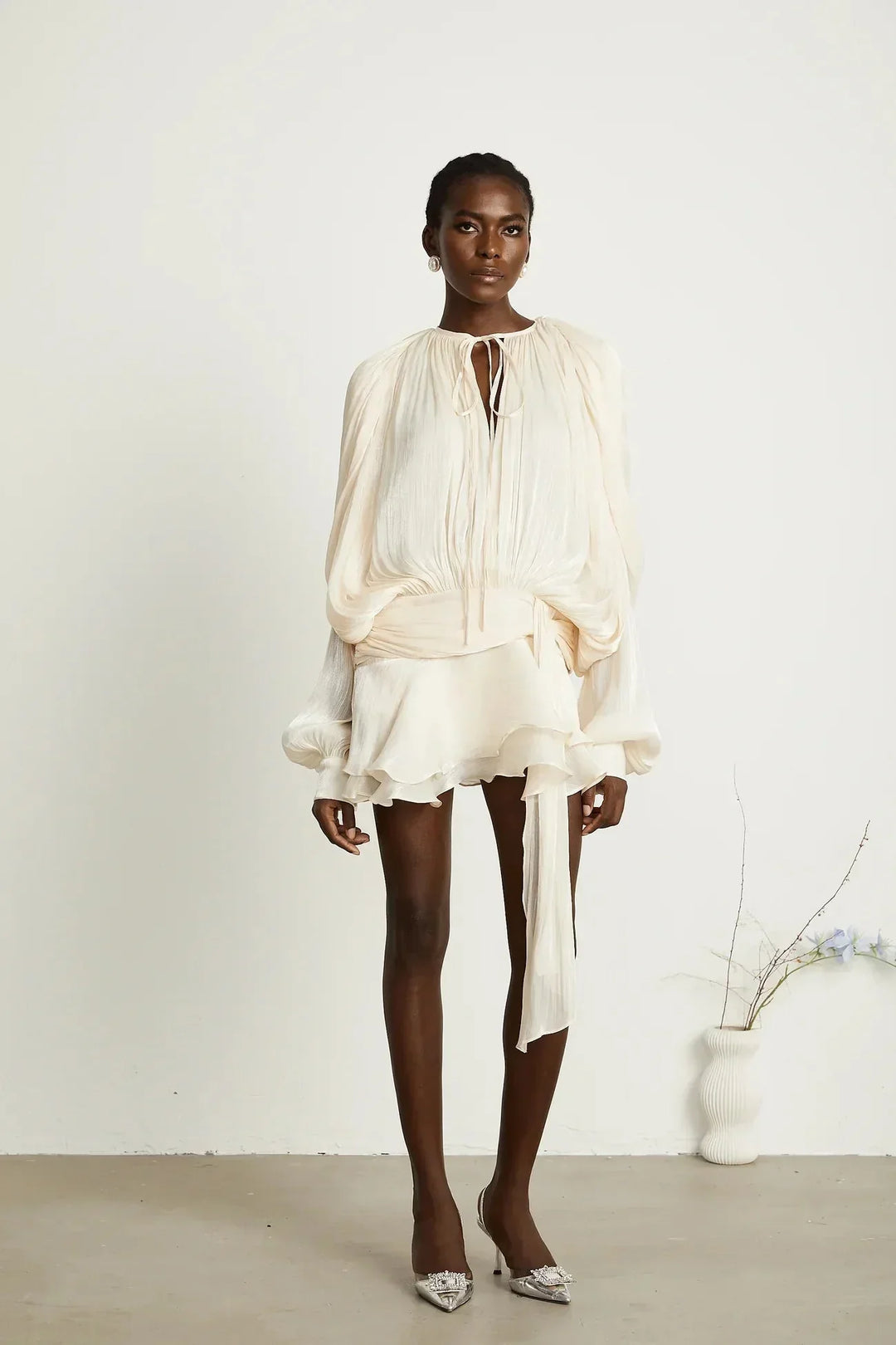 Fluid Mini Dress with Long Sleeves and Tie Belt for Women