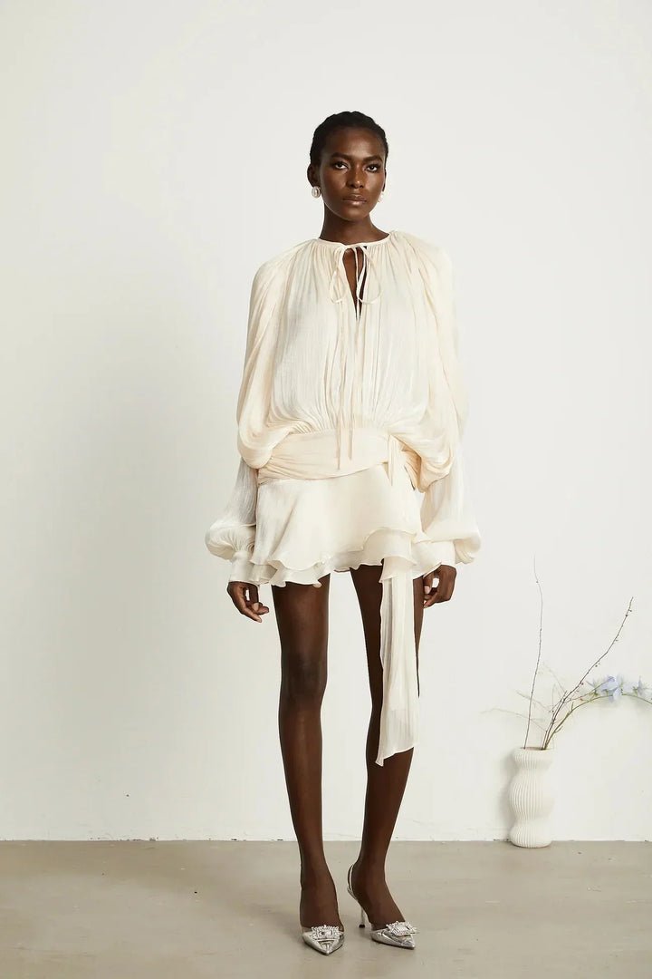 Fluid Mini Dress with Long Sleeves and Tie Belt for Women