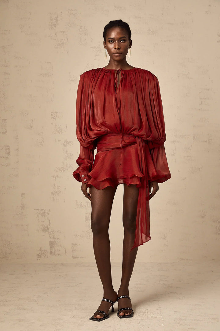 Fluid Mini Dress with Long Sleeves and Tie Belt for Women