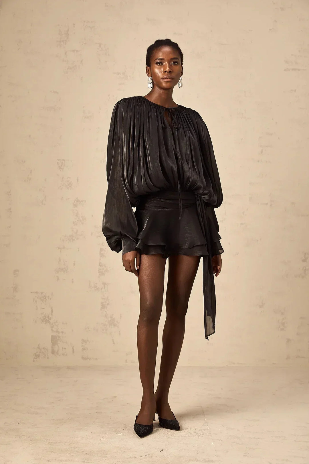 Fluid Mini Dress with Long Sleeves and Tie Belt for Women