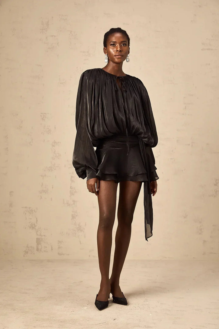Fluid Mini Dress with Long Sleeves and Tie Belt for Women