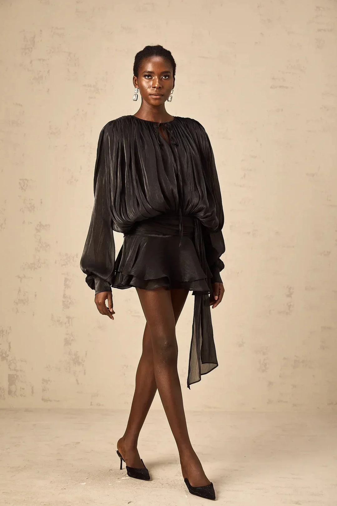 Fluid Mini Dress with Long Sleeves and Tie Belt for Women