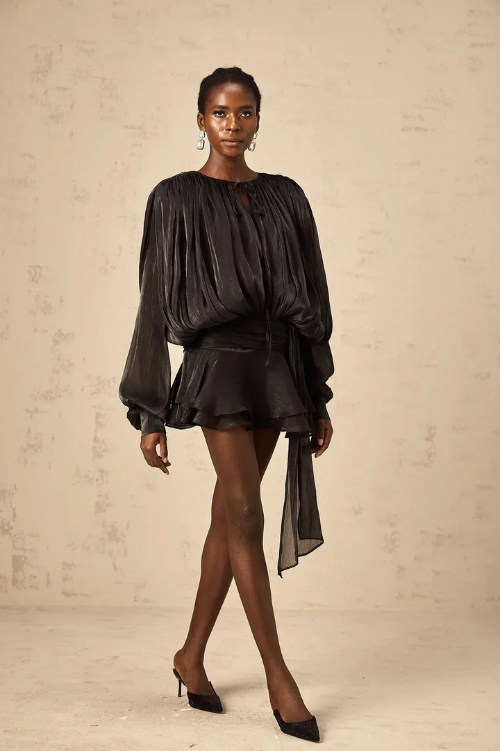 Fluid Mini Dress with Long Sleeves and Tie Belt for Women