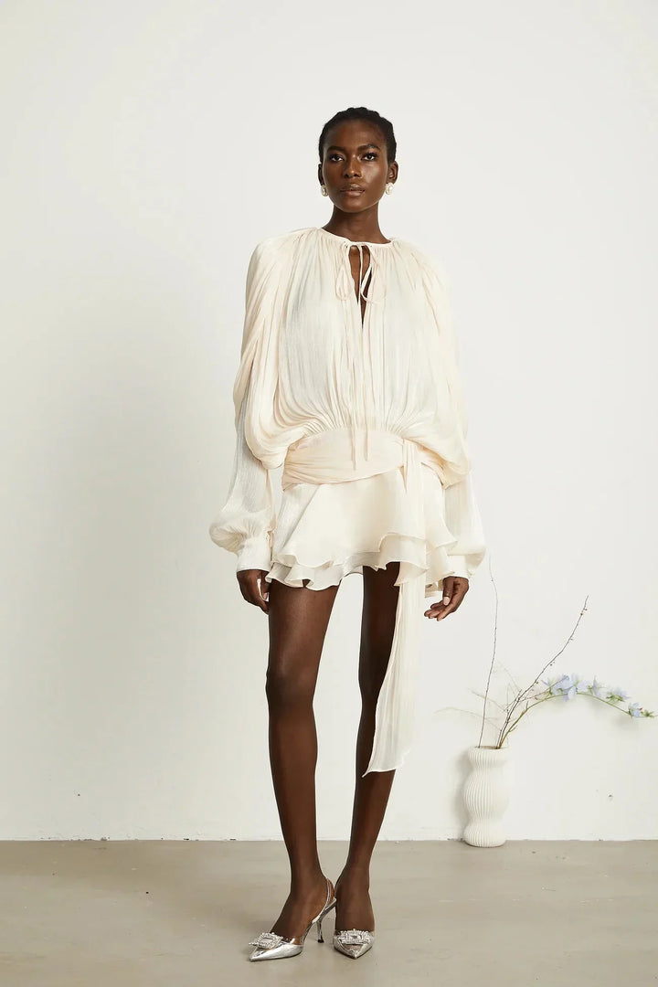 Fluid Mini Dress with Long Sleeves and Tie Belt for Women