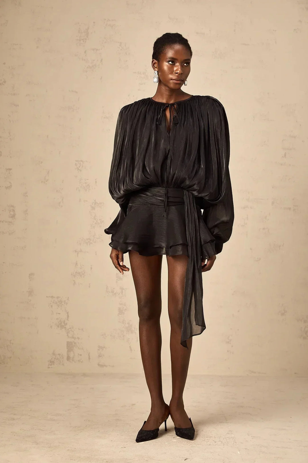 Fluid Mini Dress with Long Sleeves and Tie Belt for Women