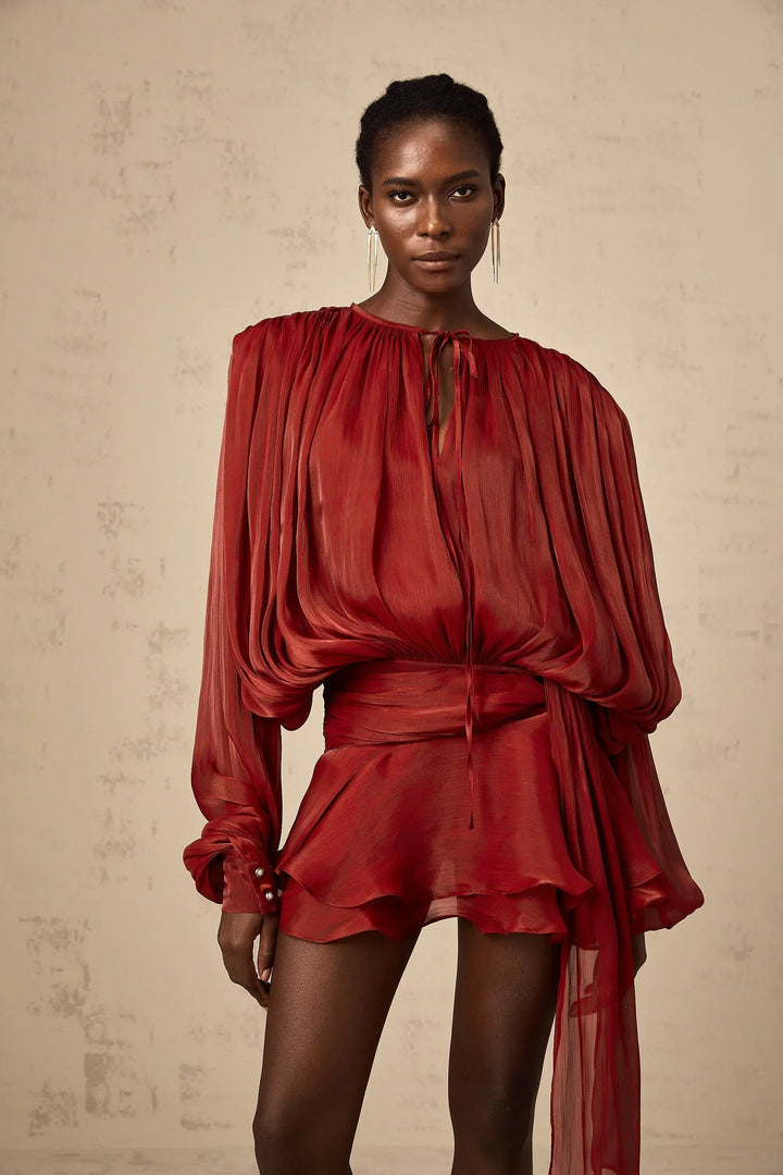 Fluid Mini Dress with Long Sleeves and Tie Belt for Women