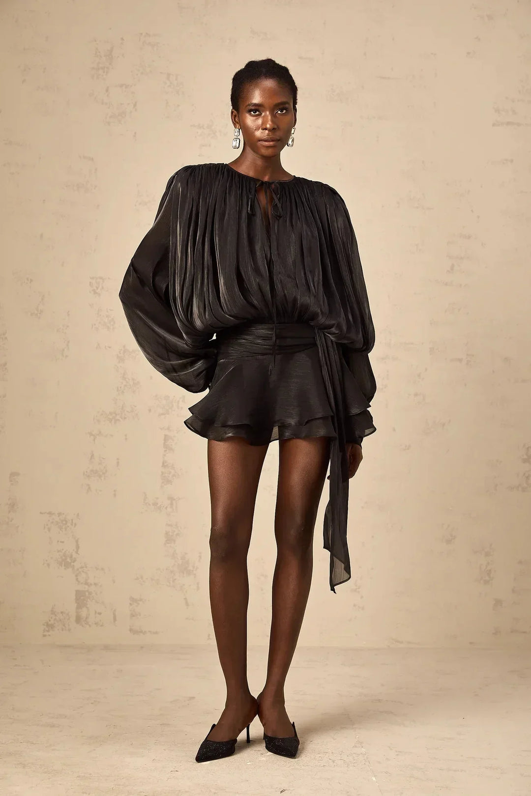 Fluid Mini Dress with Long Sleeves and Tie Belt for Women