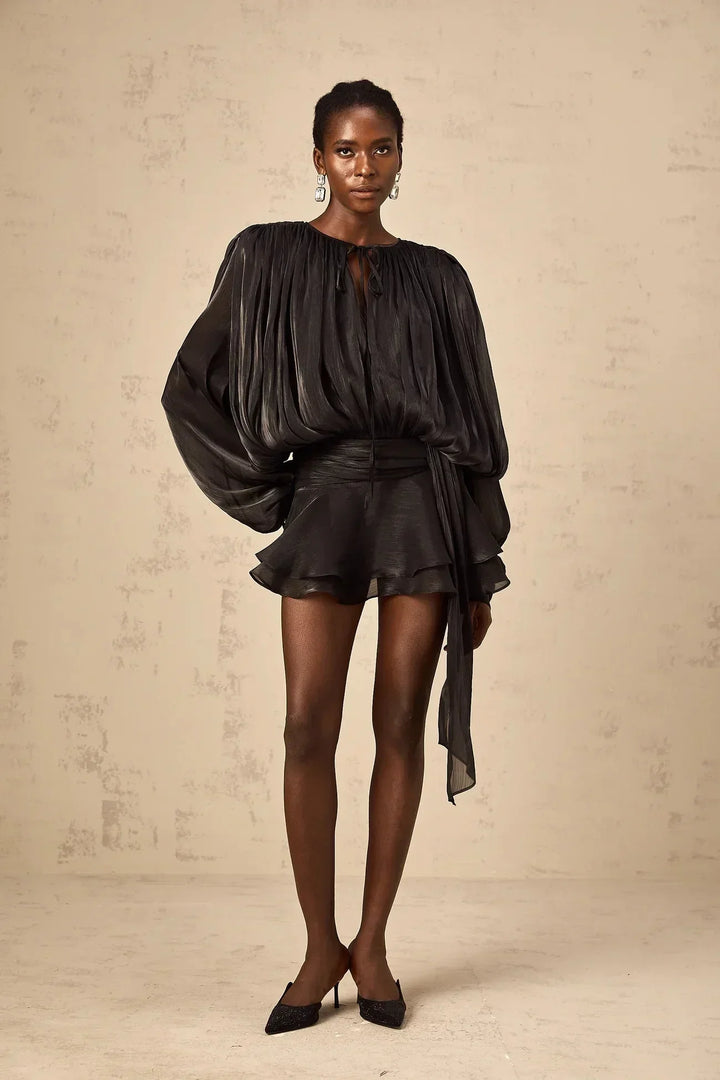 Fluid Mini Dress with Long Sleeves and Tie Belt for Women