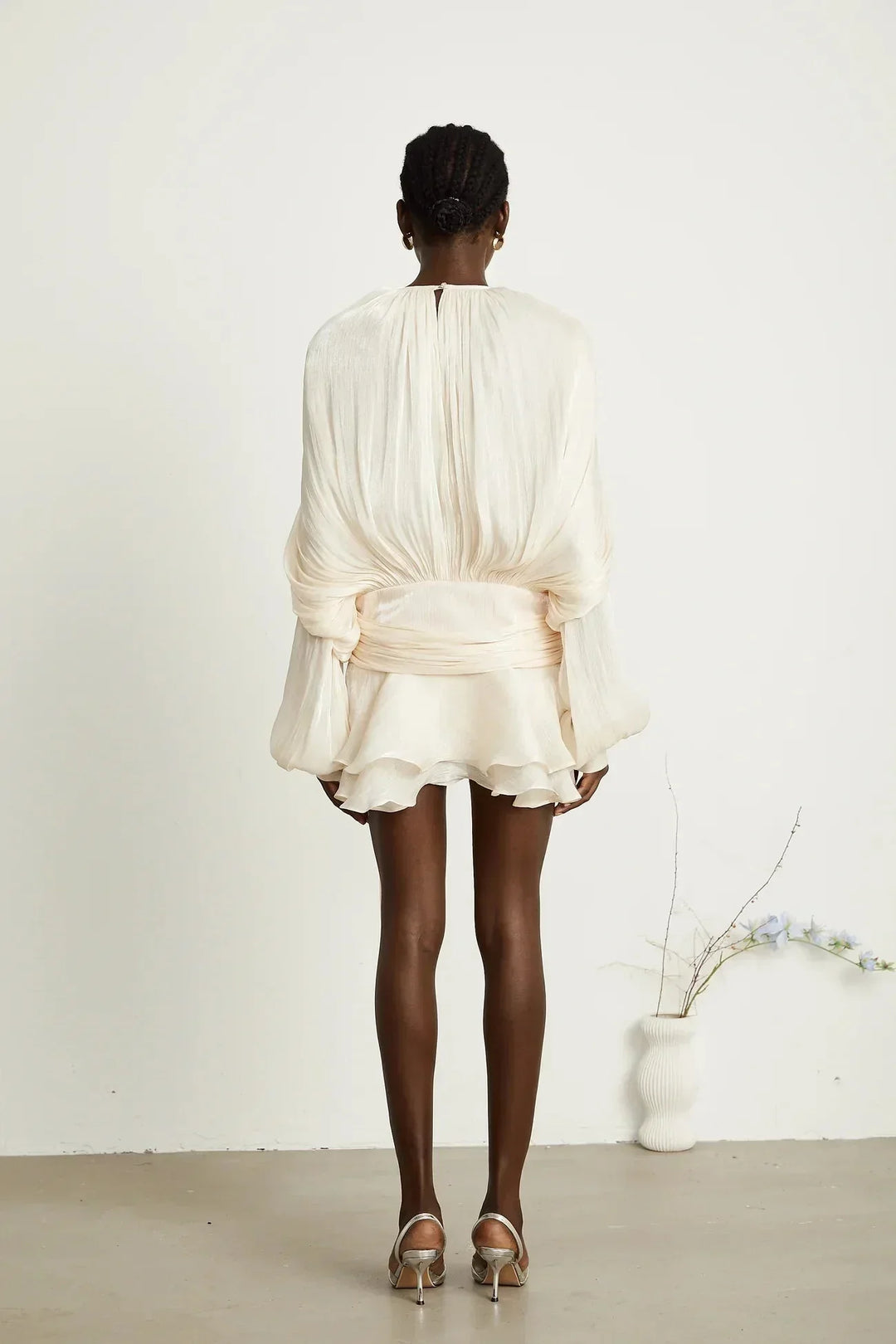 Fluid Mini Dress with Long Sleeves and Tie Belt for Women