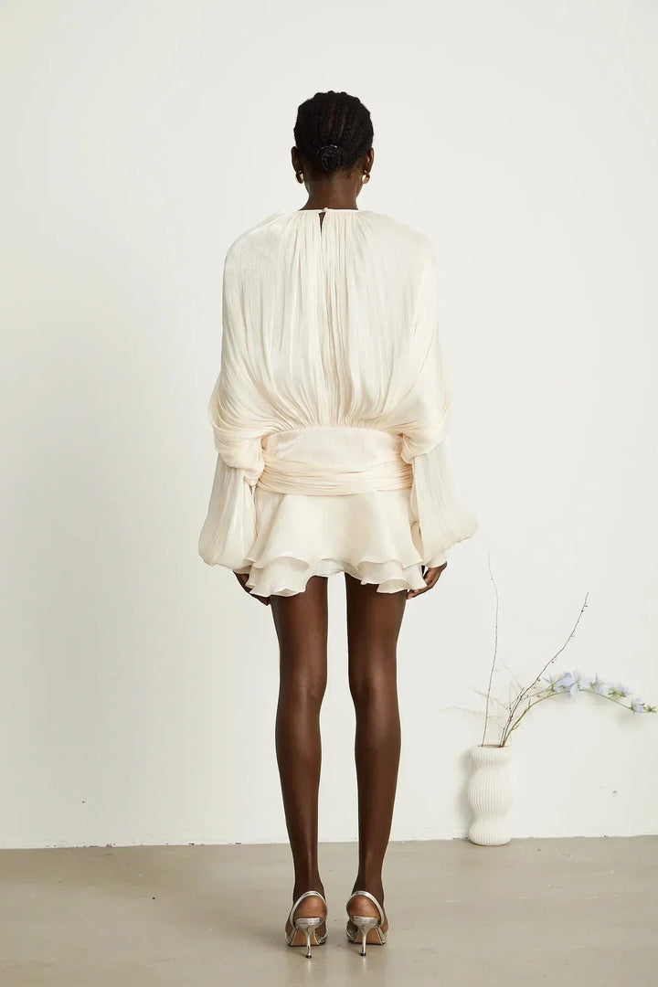Fluid Mini Dress with Long Sleeves and Tie Belt for Women