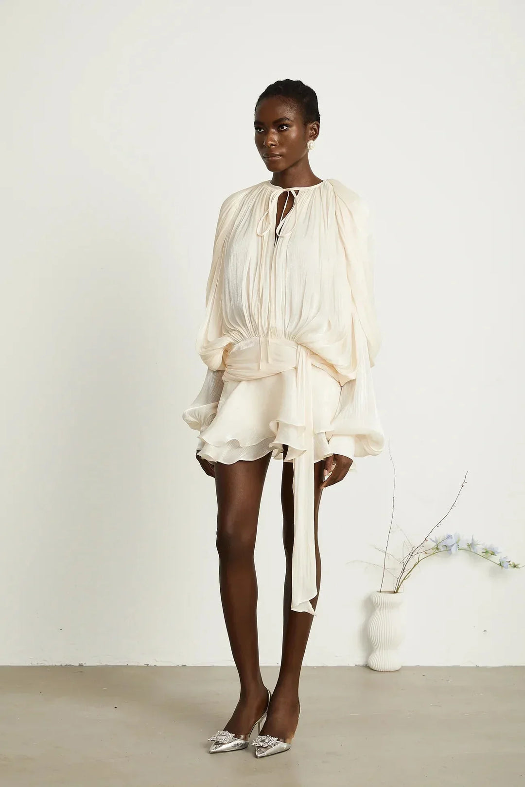 Fluid Mini Dress with Long Sleeves and Tie Belt for Women