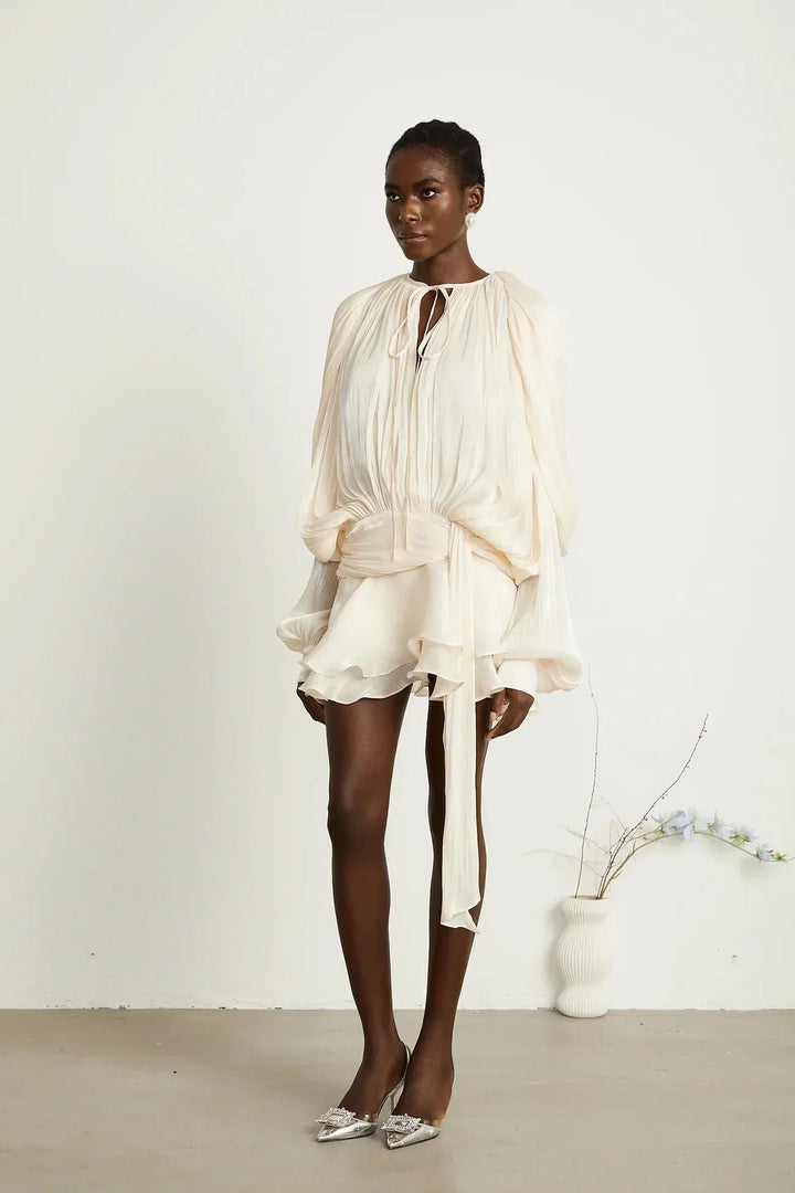 Fluid Mini Dress with Long Sleeves and Tie Belt for Women