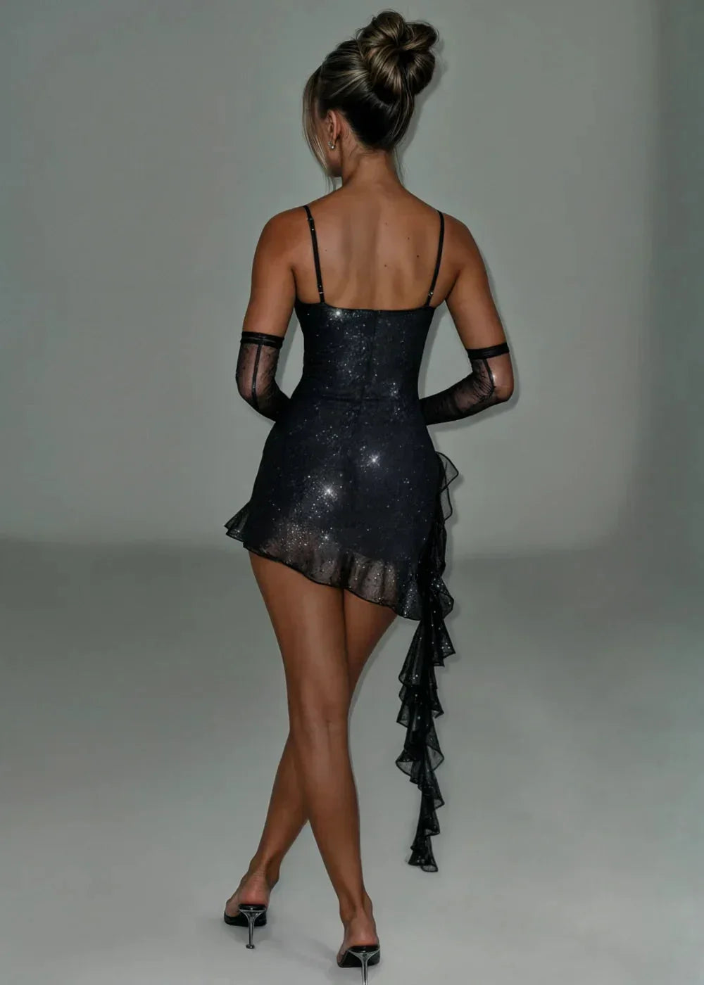 Short Shimmering Dress with Ruffles and Straps