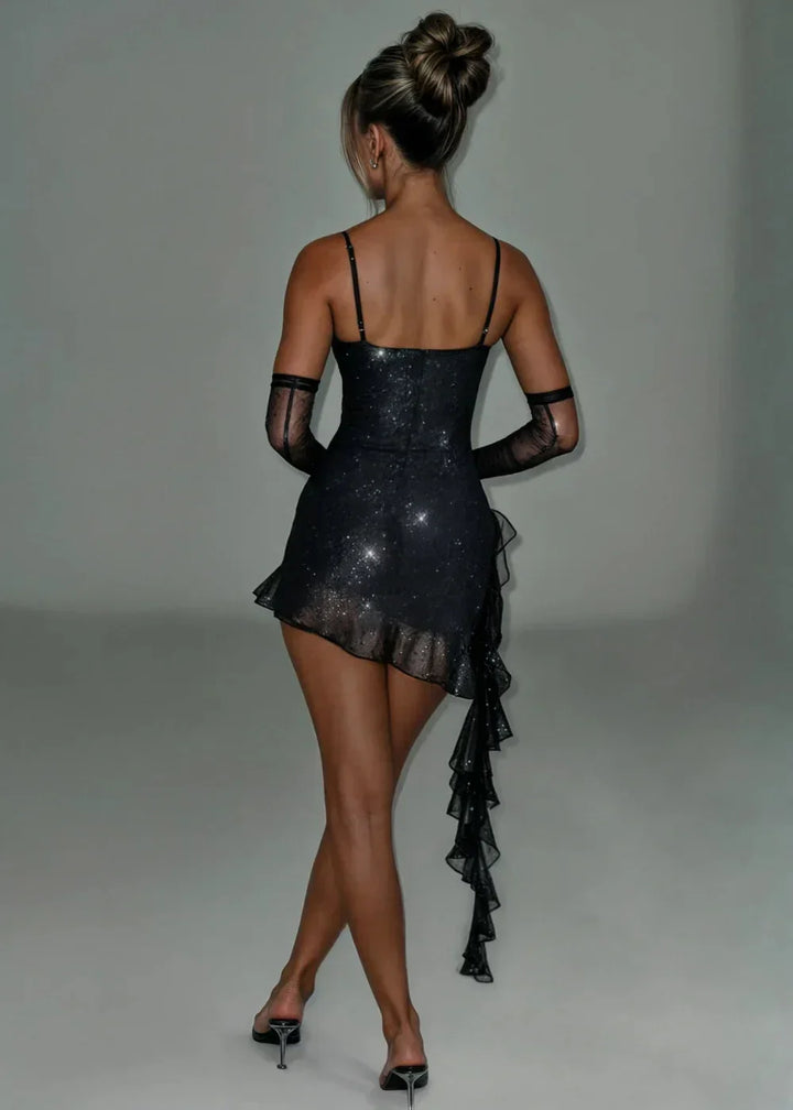 Short Shimmering Dress with Ruffles and Straps