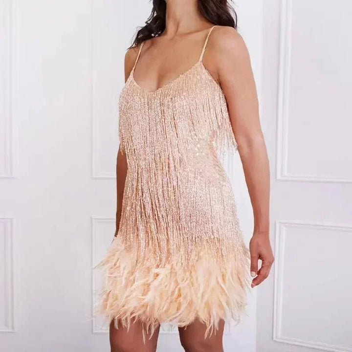 Womens Mini Dress with Fringe Detail and Thin Straps