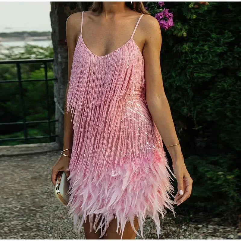Womens Mini Dress with Fringe Detail and Thin Straps