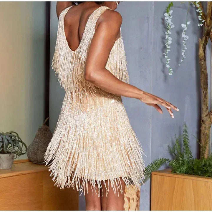 Womens Mini Dress with Fringe Detail and Thin Straps