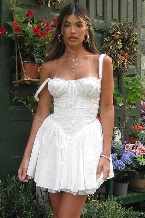 Flared Short Dress Straps Ruched Neckline for Women