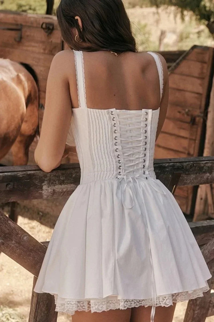 Flared Short Dress Straps Ruched Neckline for Women