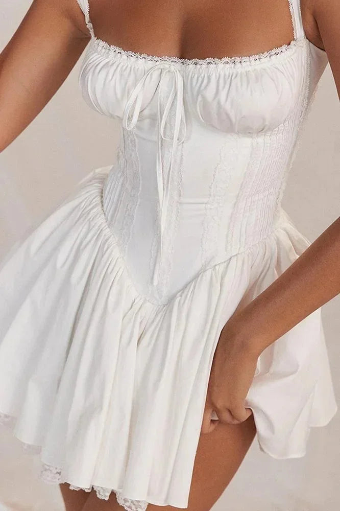 Flared Short Dress Straps Ruched Neckline for Women