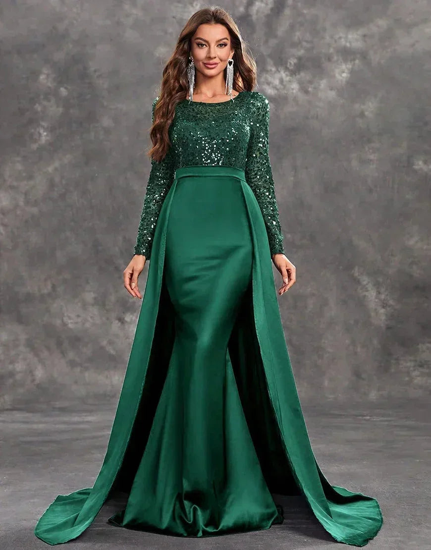 Womens Maxi Dress with Sequin Bodice and Long Sleeves