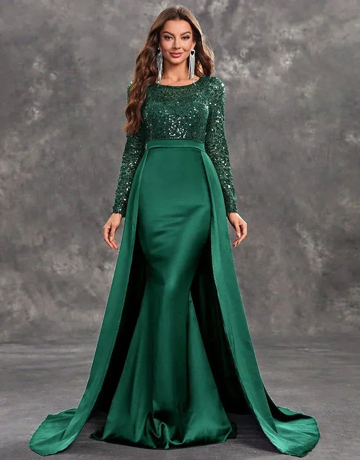 Womens Maxi Dress with Sequin Bodice and Long Sleeves