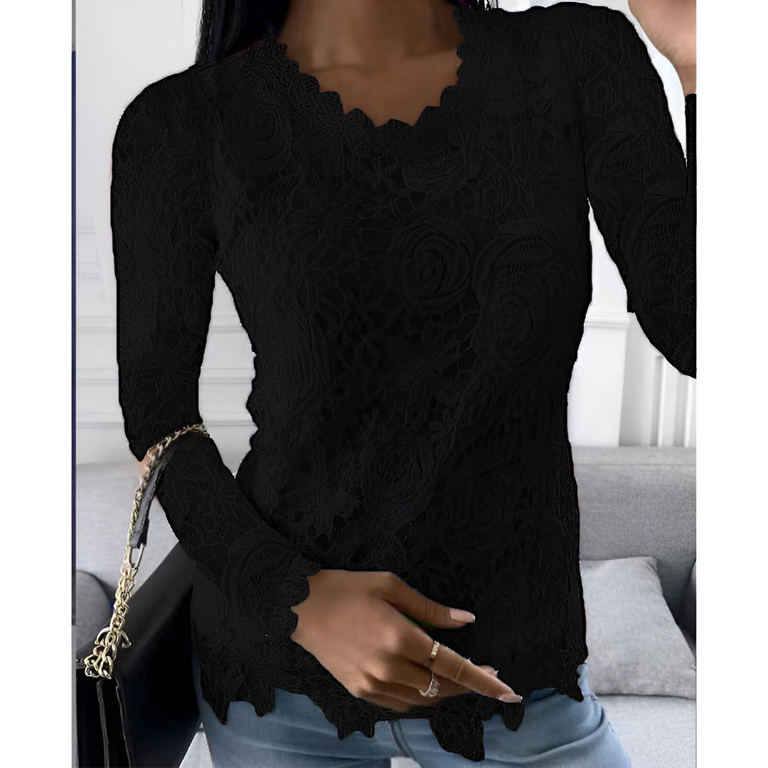 Blouse Round Neck Lace Detail Long Sleeve Elegant Style