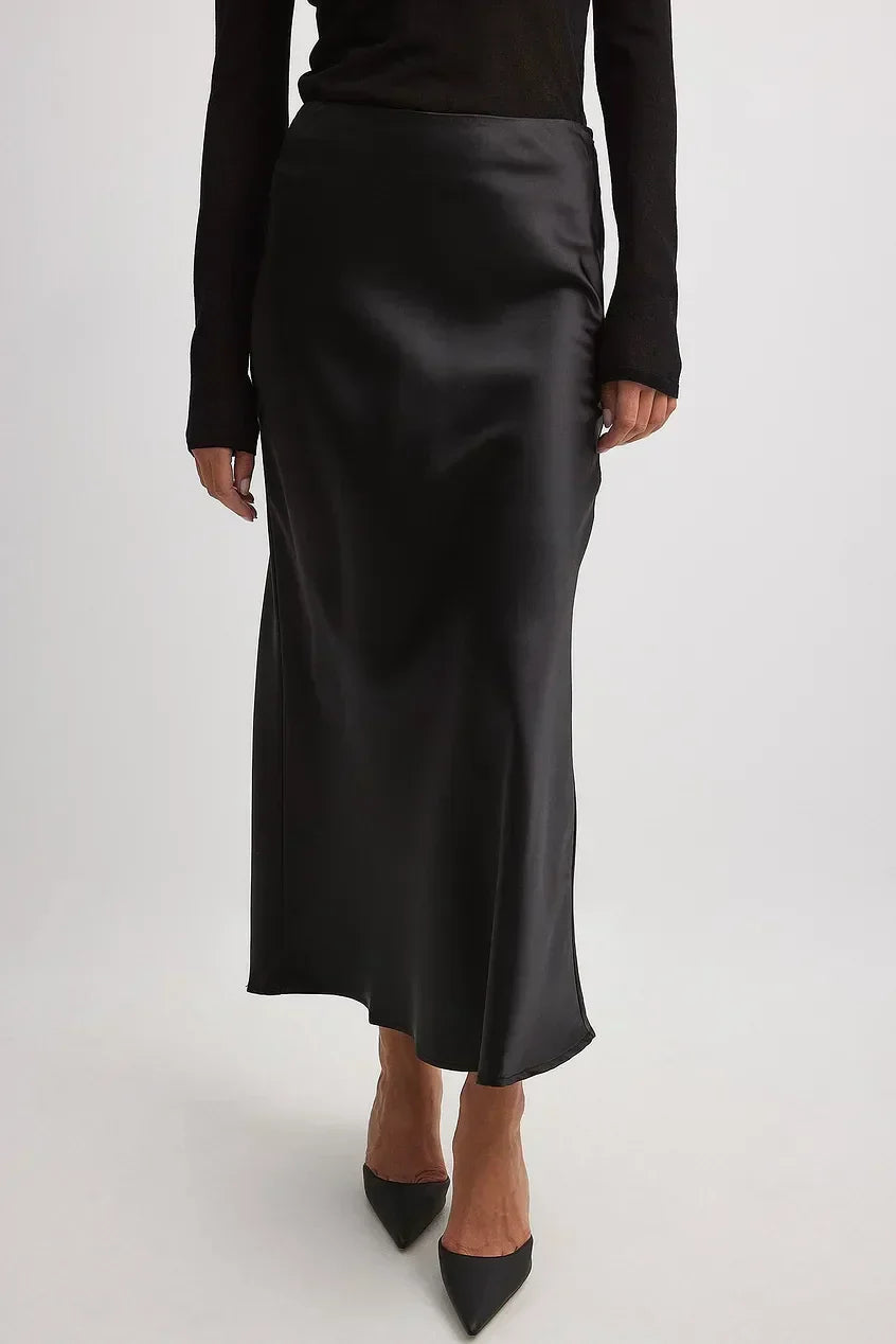 Satin Midi Skirt High Waist Casual Elegant Style