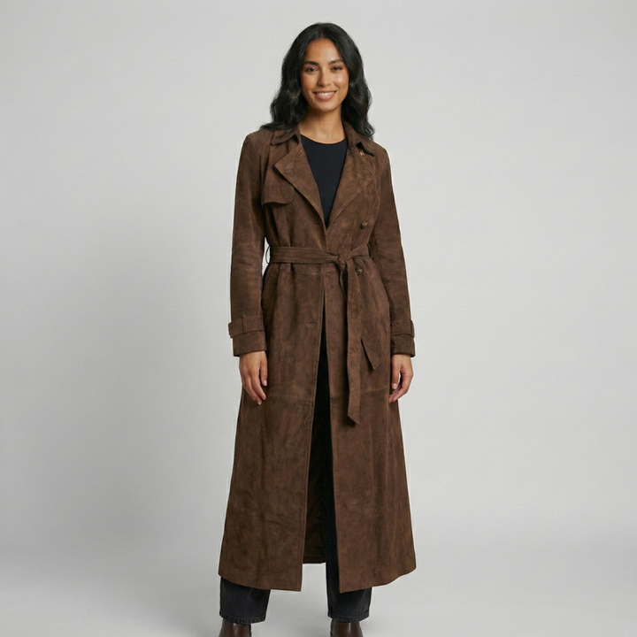 Women's Suede Trench Coat with Belted Waist and Notch Lapels