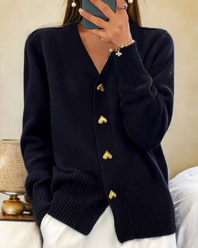 Womens Knitted Cardigan with Gold Button Front and Ribbed Detail