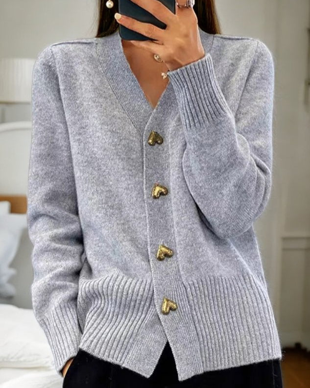 Womens Knitted Cardigan with Gold Button Front and Ribbed Detail