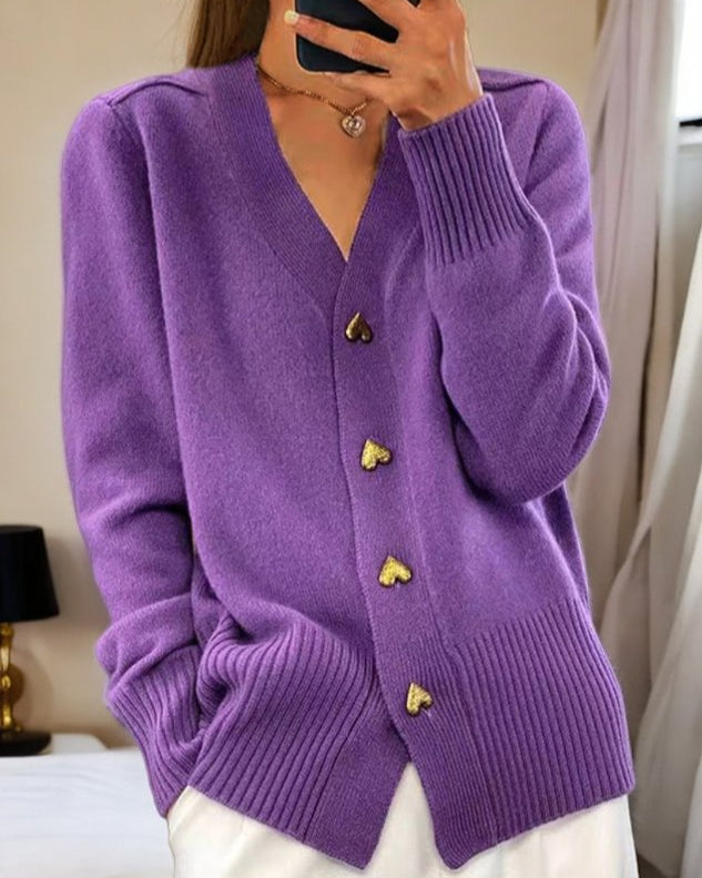 Womens Knitted Cardigan with Gold Button Front and Ribbed Detail