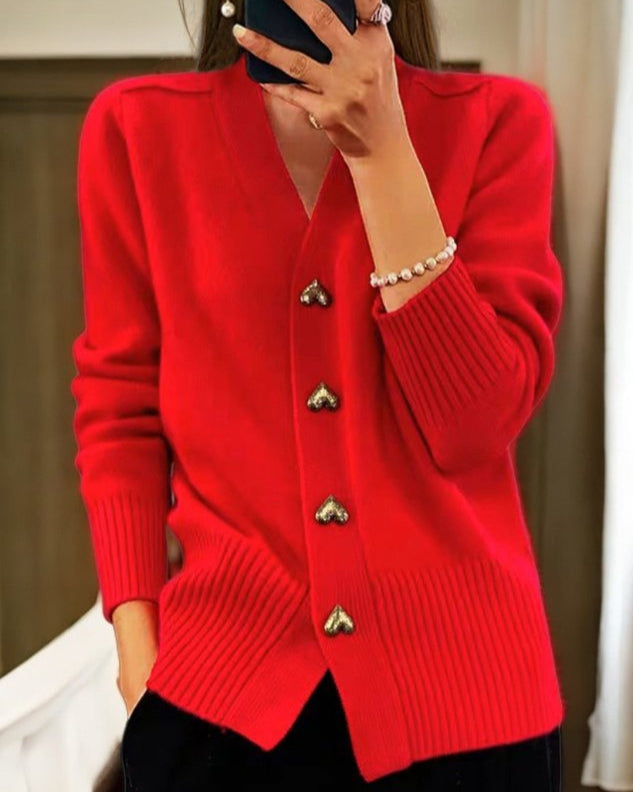 Womens Knitted Cardigan with Gold Button Front and Ribbed Detail