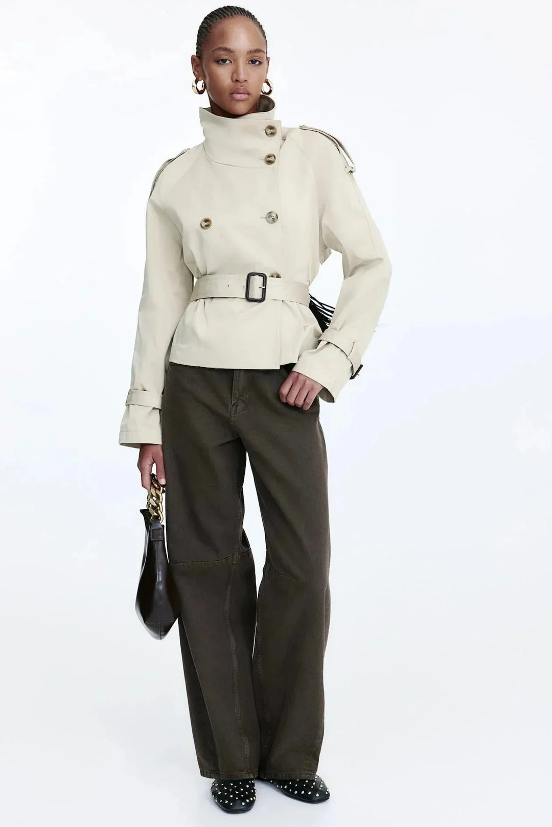 Women's Double Breasted Jacket with High Neck and Belted Waist