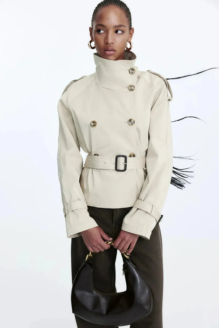 Women's Double Breasted Jacket with High Neck and Belted Waist