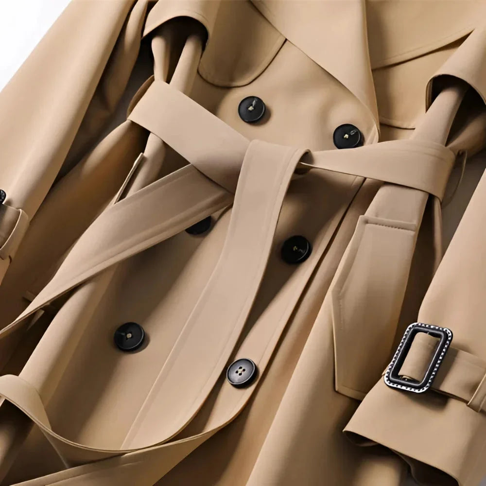 Womens Double Breasted Trench Coat with Belted Waist and Notch Lapels
