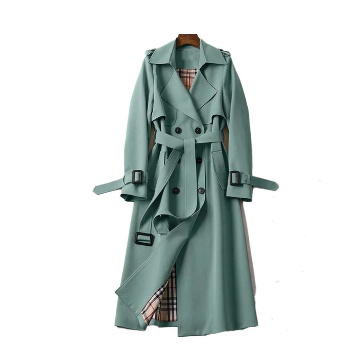 Womens Double Breasted Trench Coat with Belted Waist and Notch Lapels