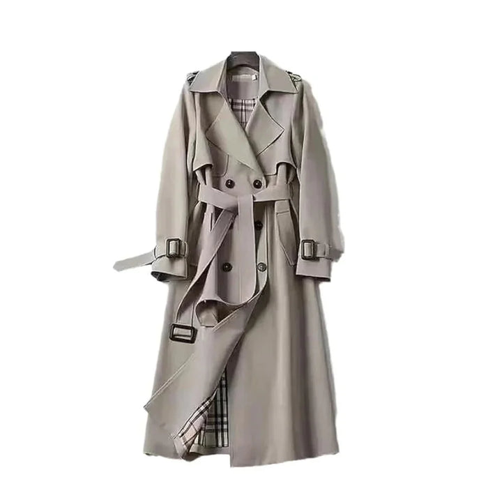 Womens Double Breasted Trench Coat with Belted Waist and Notch Lapels