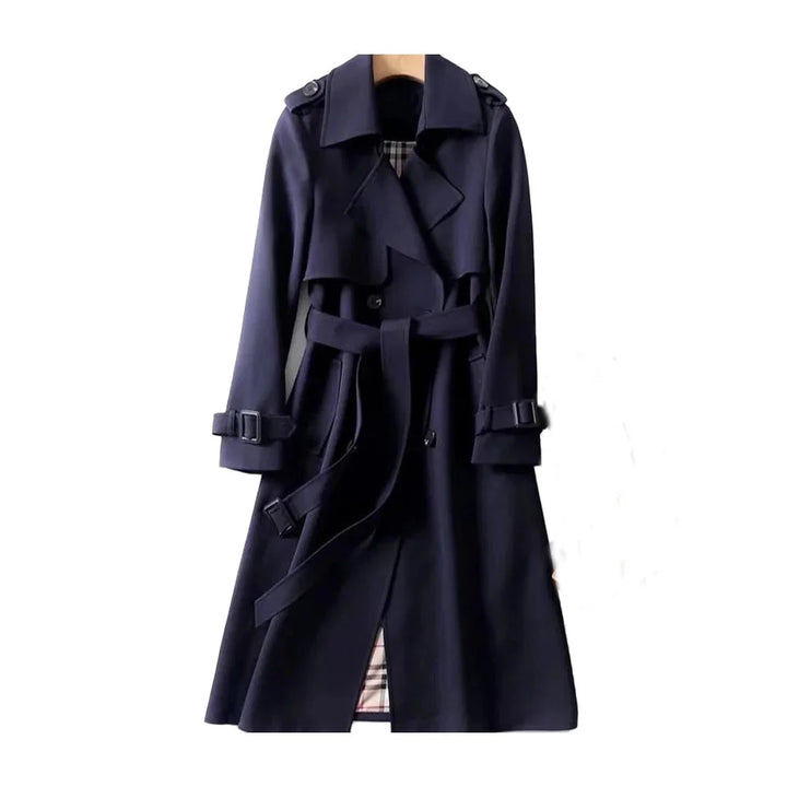 Womens Double Breasted Trench Coat with Belted Waist and Notch Lapels