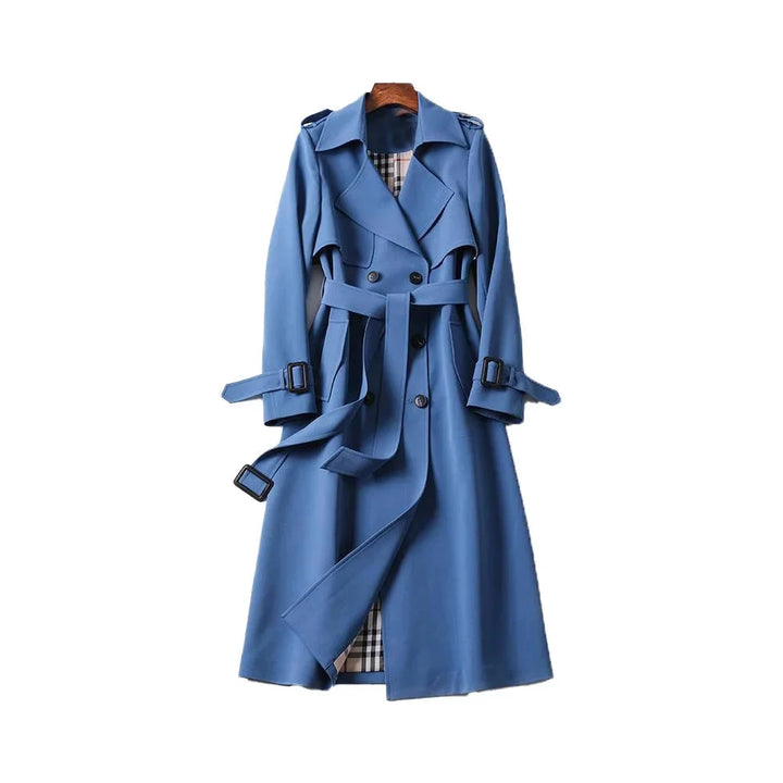 Womens Double Breasted Trench Coat with Belted Waist and Notch Lapels