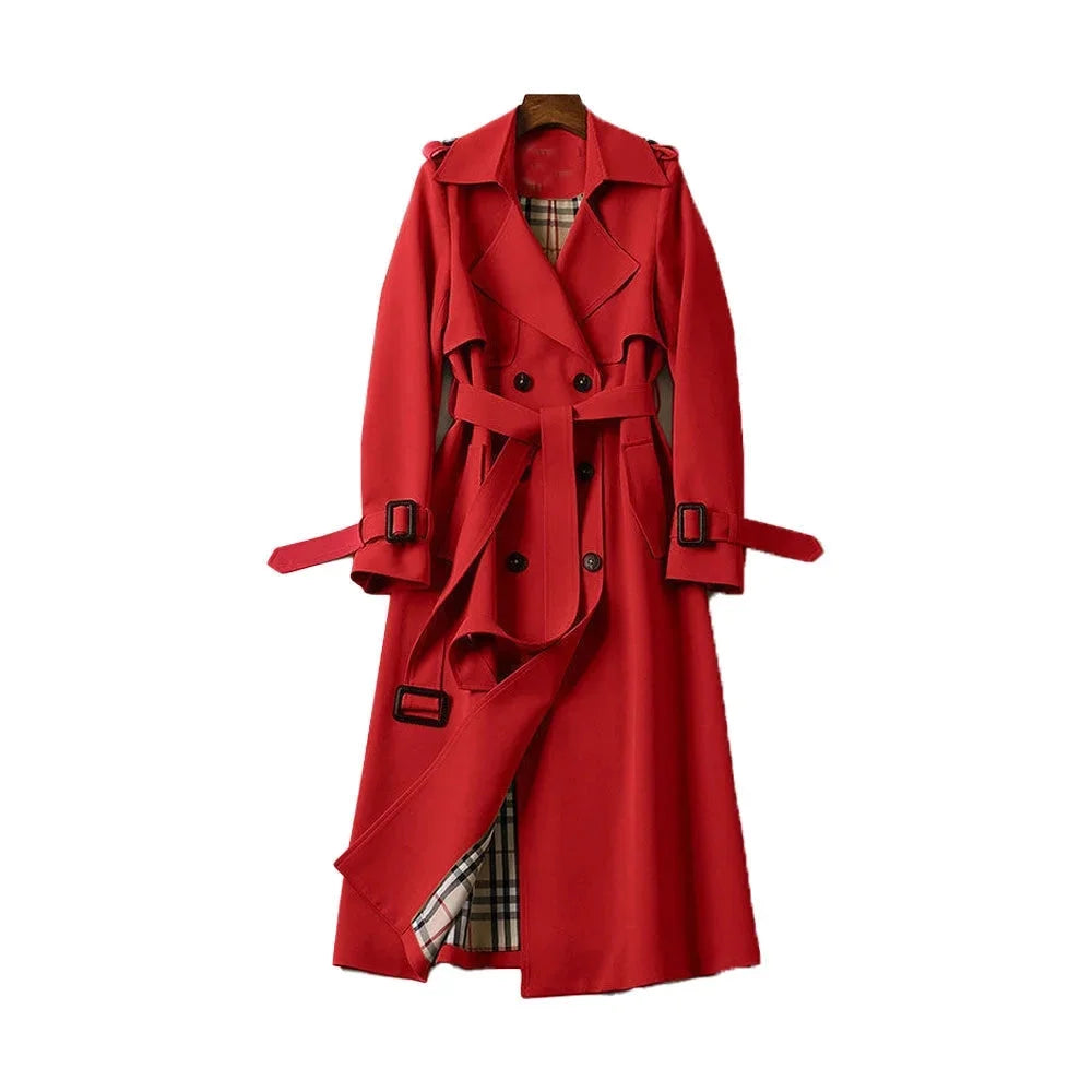 Womens Double Breasted Trench Coat with Belted Waist and Notch Lapels