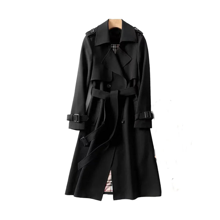 Womens Double Breasted Trench Coat with Belted Waist and Notch Lapels
