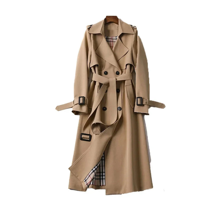 Womens Double Breasted Trench Coat with Belted Waist and Notch Lapels