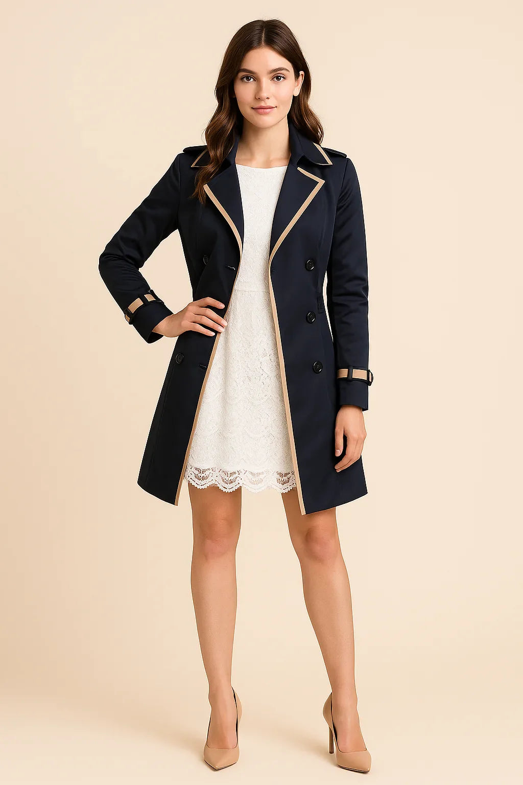 Women's Double Breasted Trench Coat with Contrast Trim and Notch Lapels