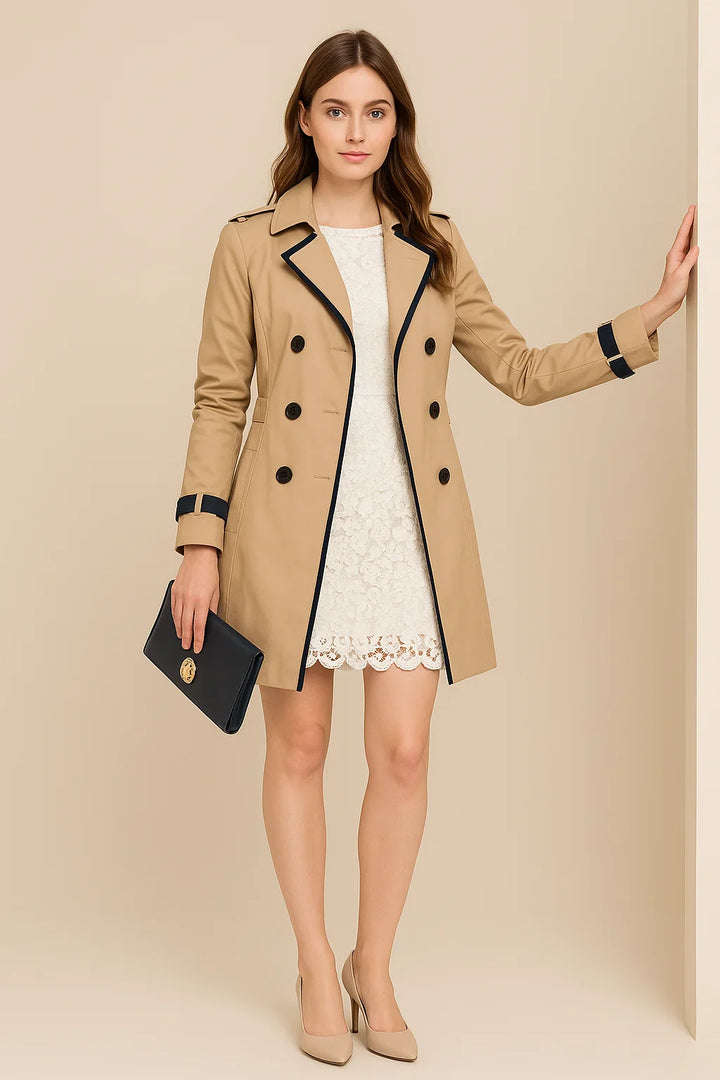 Women's Double Breasted Trench Coat with Contrast Trim and Notch Lapels