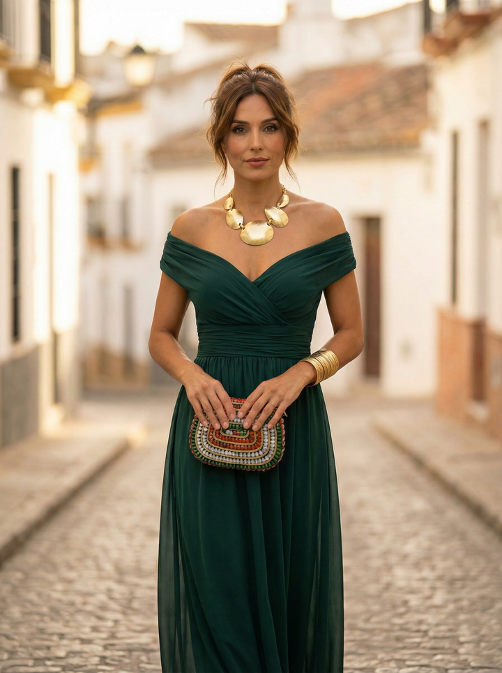 Womens Maxi Dress with Off Shoulder Neckline Gathered Waist and Drap