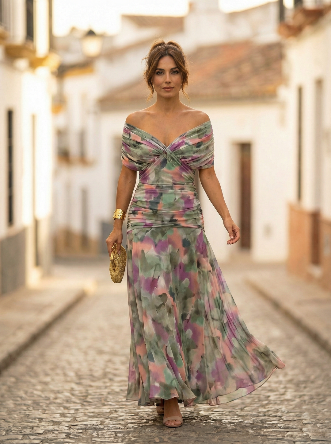 Womens Maxi Dress with Off Shoulder Neckline Gathered Waist and Drap